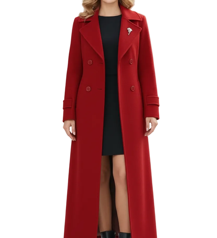 Long Womens Coat with Shawl Collar and Belted Waist