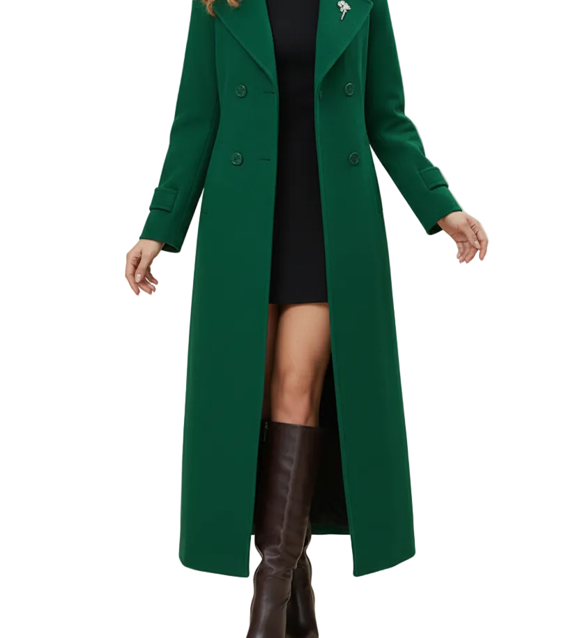 Long Womens Coat with Shawl Collar and Belted Waist