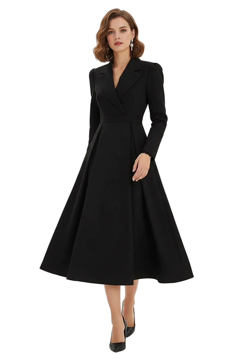 Long Sleeve Midi Dress with Lapel and Pockets