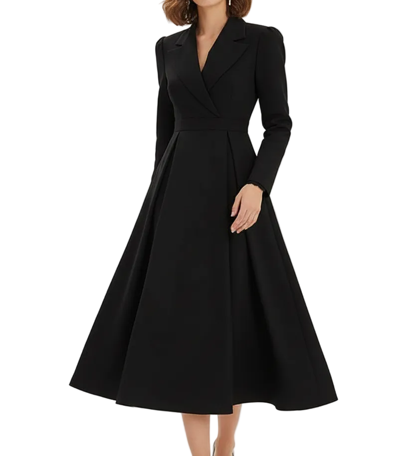 Long Sleeve Midi Dress with Lapel and Pockets