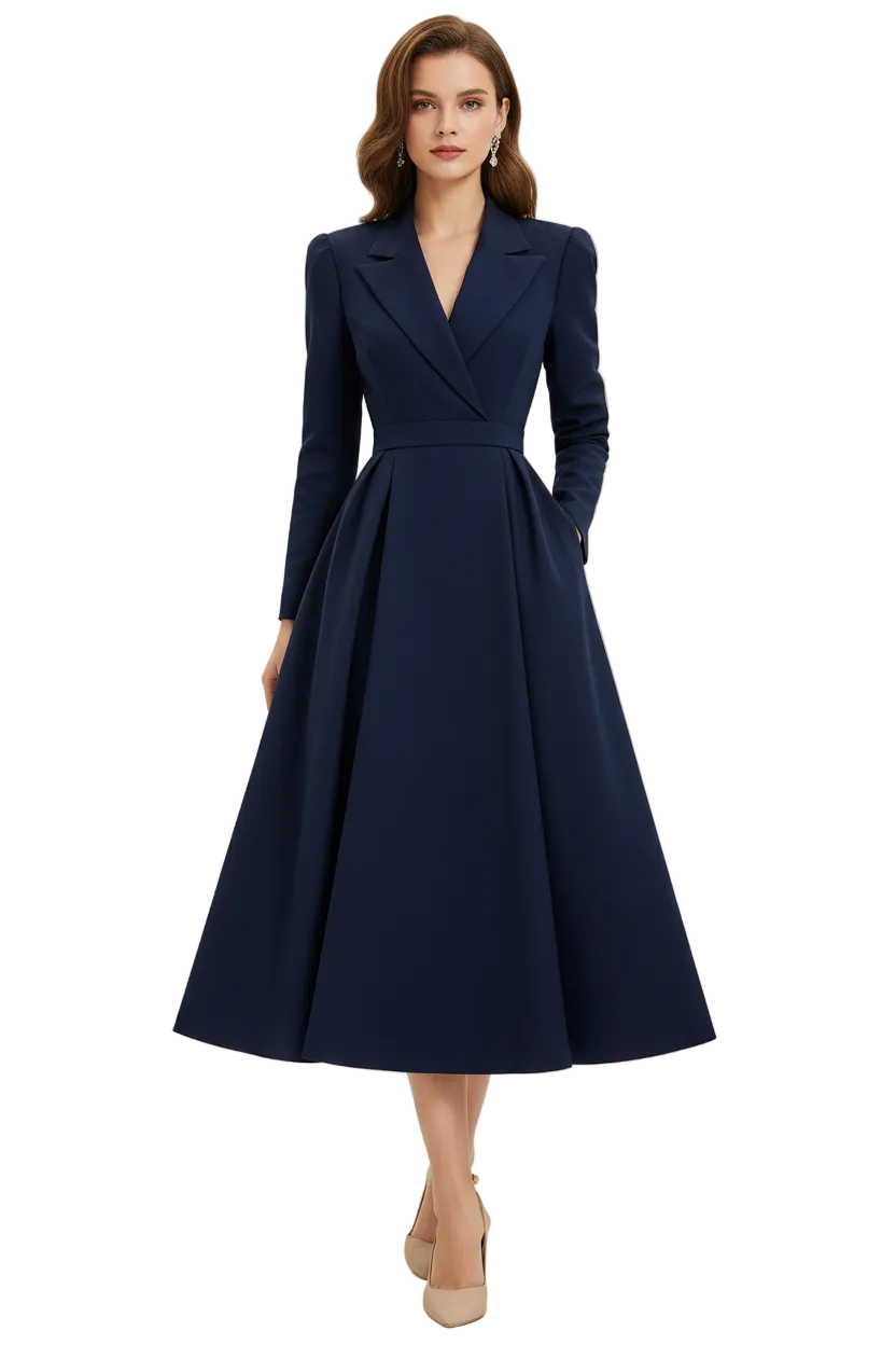 Long Sleeve Midi Dress with Lapel and Pockets