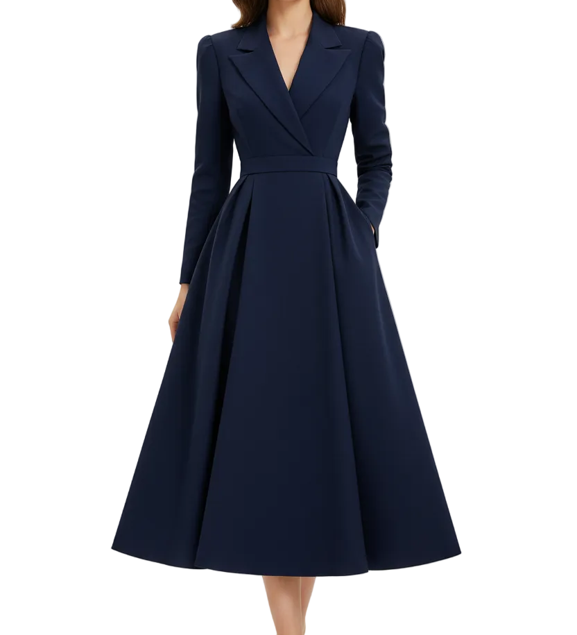 Long Sleeve Midi Dress with Lapel and Pockets