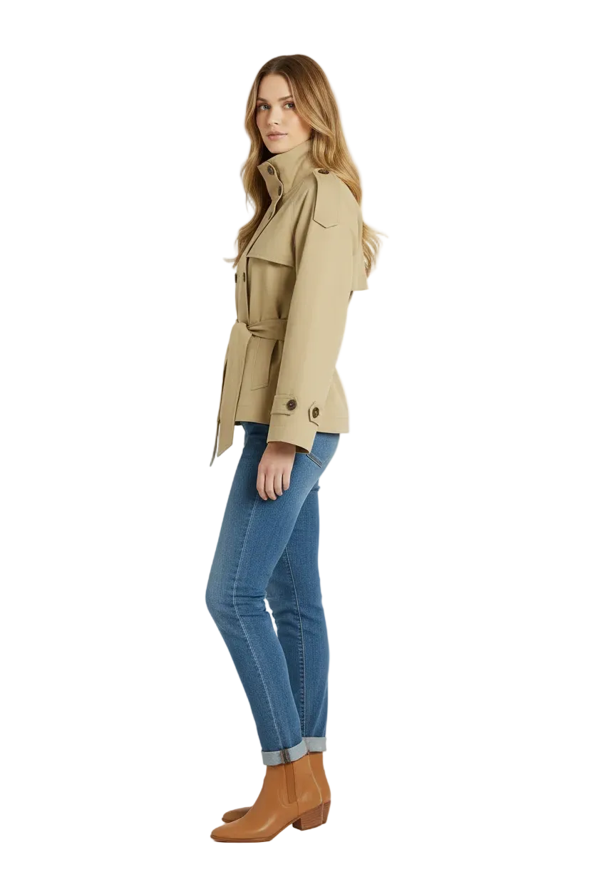 Short Trench Jacket with High Neck and Belted Waist