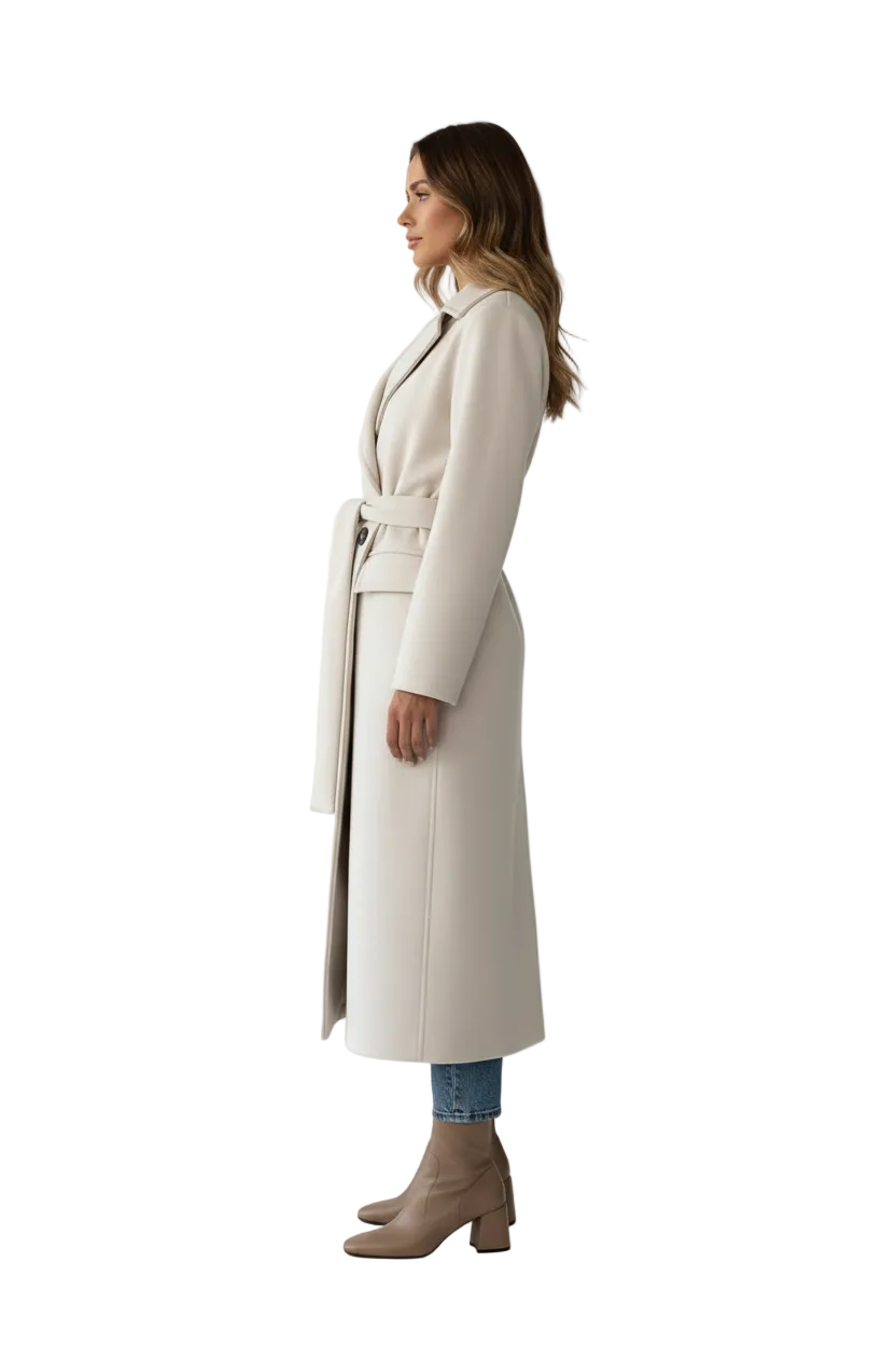 Long Womens Coat with Double Button Front and Belted Waist