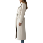 Long Womens Coat with Double Button Front and Belted Waist