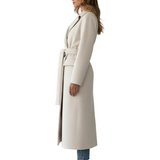 Long Womens Coat with Double Button Front and Belted Waist