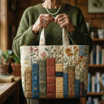 Quilted Tote Bag - Books and Flowers