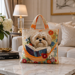 Quilted Tote Bag - Shih Tzu with Books and Flowers