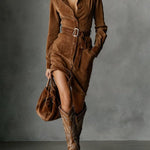 Suede Single Breasted Lapel Long Sleeve Midi Dress（Includes belt）