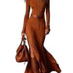 Vintage Brown Zipper Belted Maxi Dress（Includes belt）