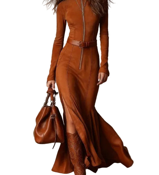 Vintage Brown Zipper Belted Maxi Dress（Includes belt）