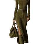 Vintage Brown Zipper Belted Maxi Dress（Includes belt）