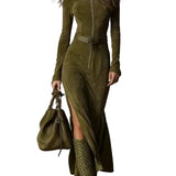 Vintage Brown Zipper Belted Maxi Dress（Includes belt）