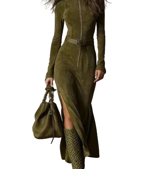 Vintage Brown Zipper Belted Maxi Dress（Includes belt）