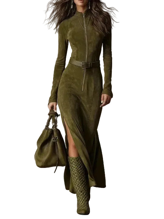 Vintage Brown Zipper Belted Maxi Dress（Includes belt）