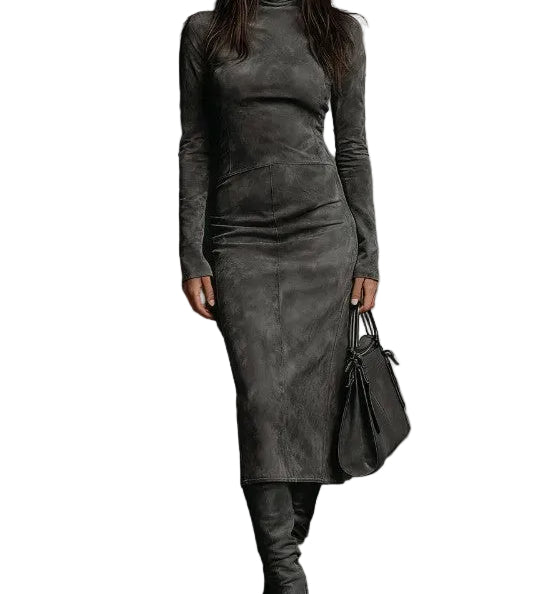 High Neck Long Sleeve Suede Midi Dress