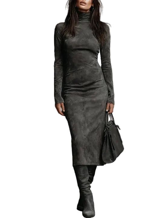 High Neck Long Sleeve Suede Midi Dress