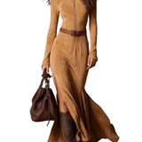 Vintage Brown Zipper Belted Maxi Dress（Includes belt）