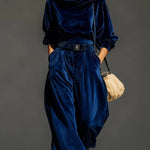 Vintage brown velvet hoodie and loose-fitting trousers set（Includes belt）