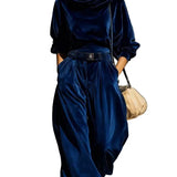 Vintage brown velvet hoodie and loose-fitting trousers set（Includes belt）