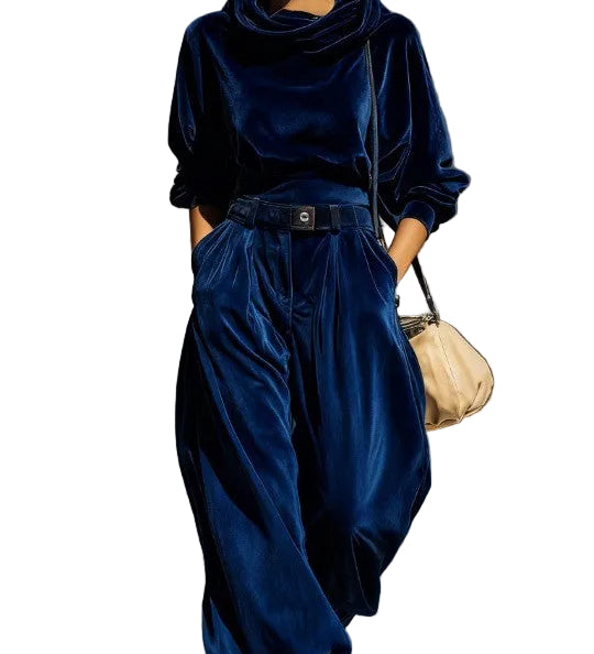 Vintage brown velvet hoodie and loose-fitting trousers set（Includes belt）