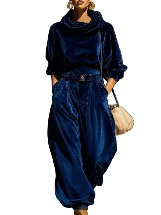 Vintage brown velvet hoodie and loose-fitting trousers set（Includes belt）