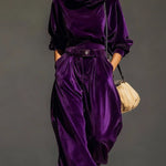 Vintage brown velvet hoodie and loose-fitting trousers set（Includes belt）