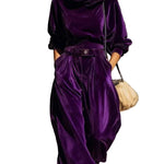Vintage brown velvet hoodie and loose-fitting trousers set（Includes belt）
