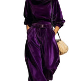 Vintage brown velvet hoodie and loose-fitting trousers set（Includes belt）