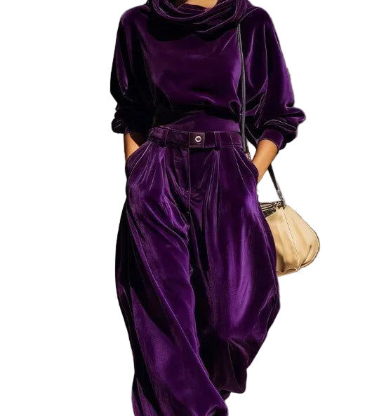 Vintage brown velvet hoodie and loose-fitting trousers set（Includes belt）