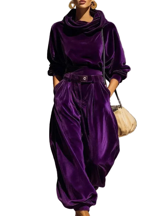 Vintage brown velvet hoodie and loose-fitting trousers set（Includes belt）