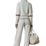 Retro Sporty Webbing Grey-white Half-zip Sweatshirt And Wide-leg Pants Set