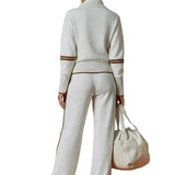 Retro Sporty Webbing Grey-white Half-zip Sweatshirt And Wide-leg Pants Set