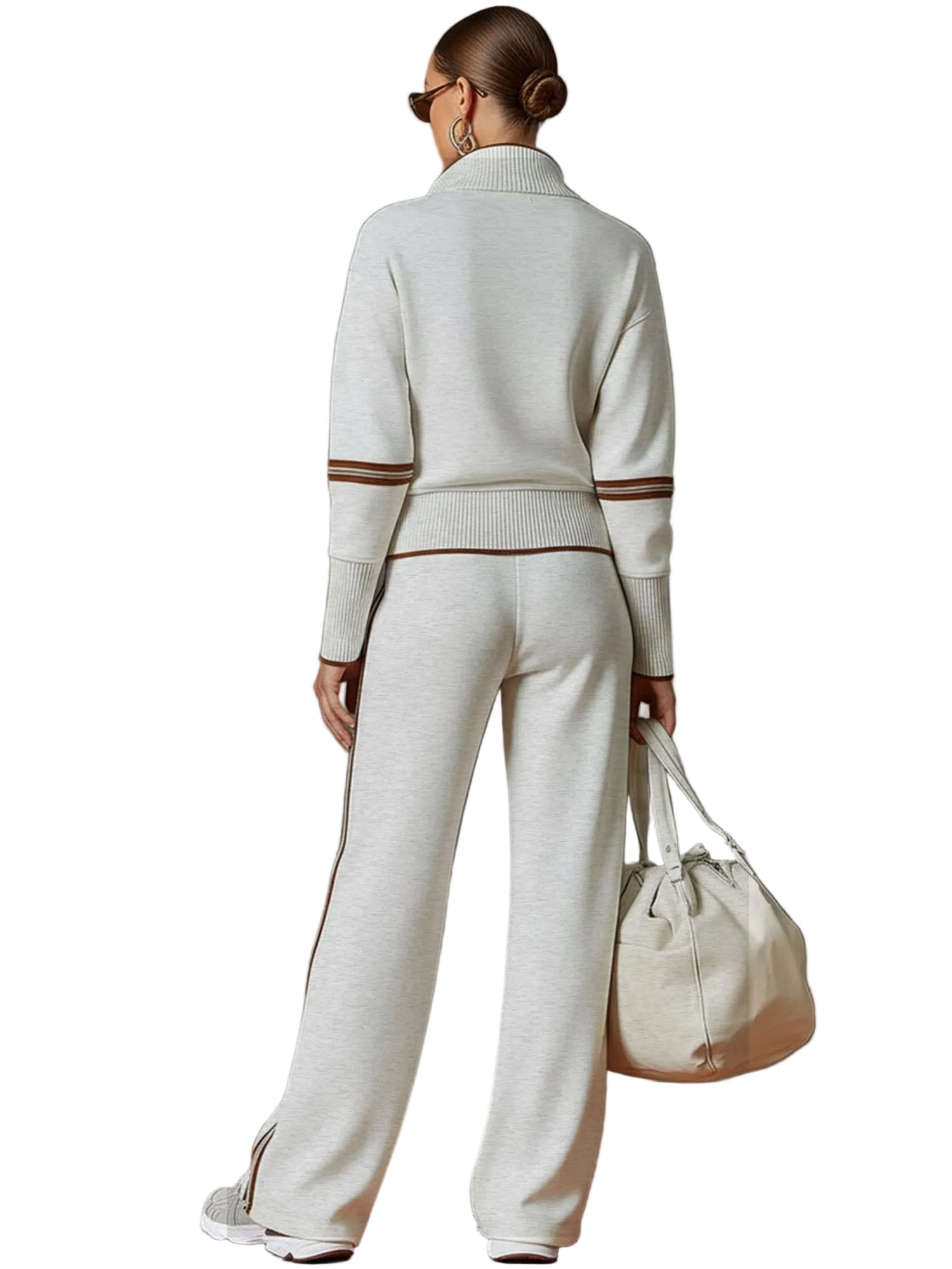 Retro Sporty Webbing Grey-white Half-zip Sweatshirt And Wide-leg Pants Set