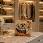 Quilted Tote Bag - Shih Tzu with Books and Flowers
