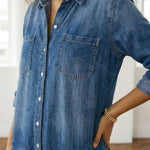 Womens Washed Dark Denim Pocket Button Down Jumpsuit