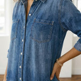 Womens Washed Dark Denim Pocket Button Down Jumpsuit