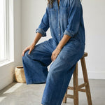 Womens Washed Dark Denim Pocket Button Down Jumpsuit
