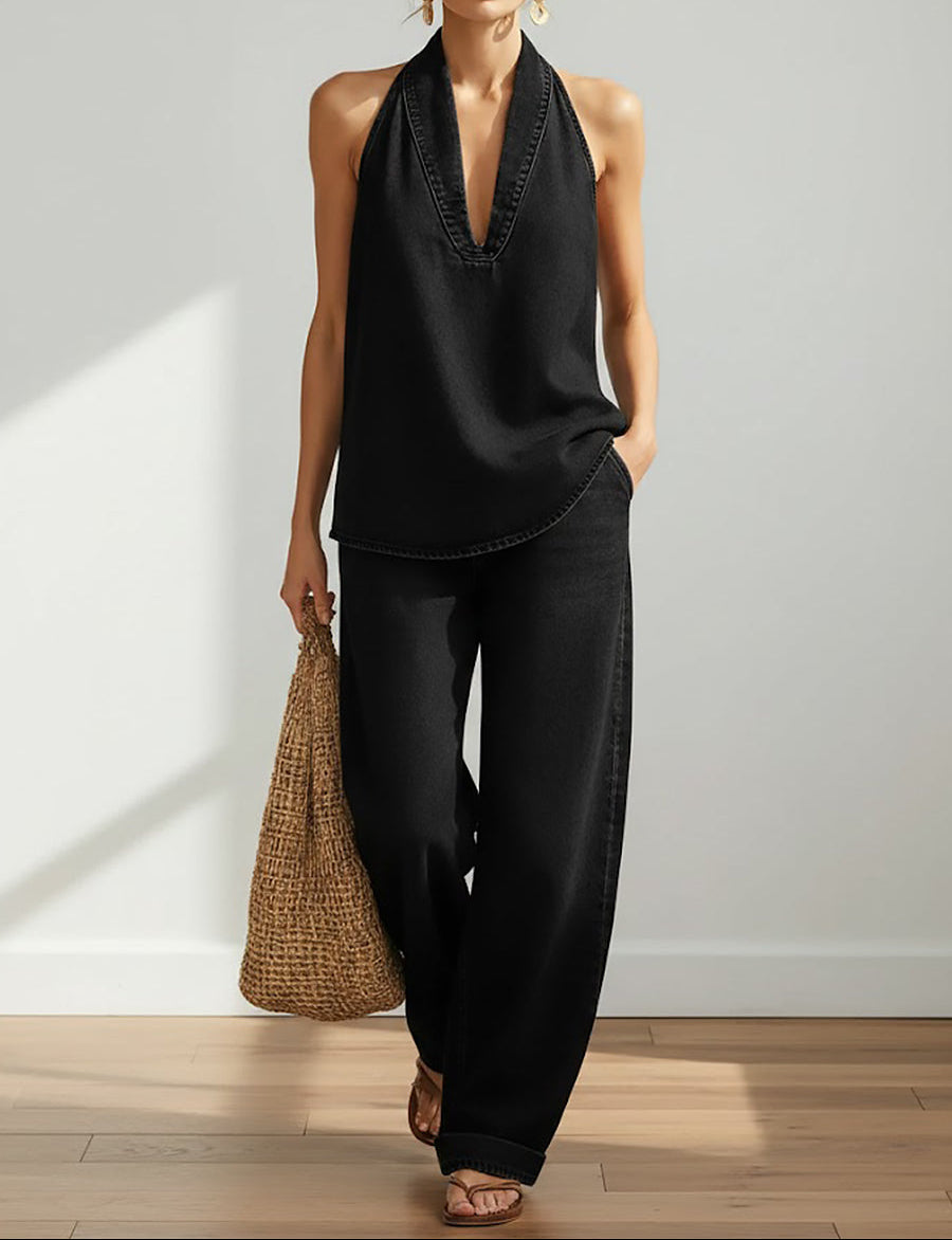 RELAXED HALTER DENIM LOUNGE SET