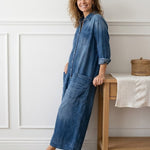Womens Washed Dark Denim Pocket Button Down Jumpsuit