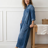 Womens Washed Dark Denim Pocket Button Down Jumpsuit
