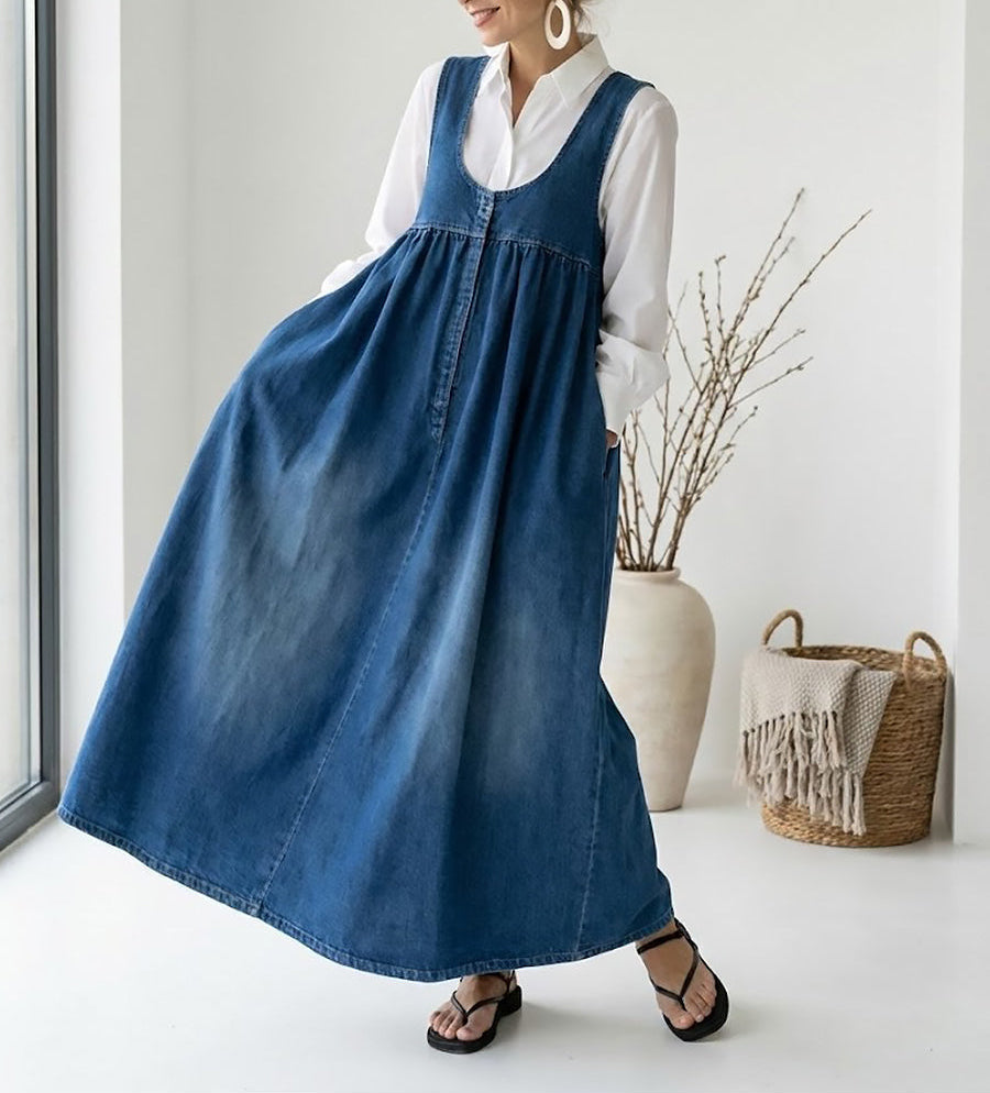 RELAXED SLEEVELESS DENIM MAXI DRESS