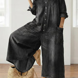 Womens Washed Dark Denim Pocket Button Down Jumpsuit