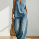 RELAXED HALTER DENIM LOUNGE SET