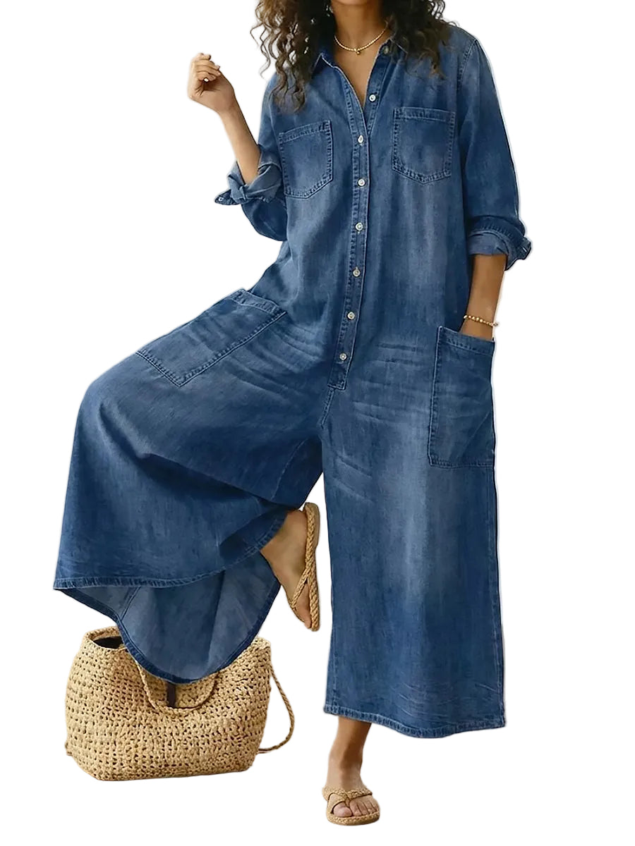 Womens Washed Dark Denim Pocket Button Down Jumpsuit