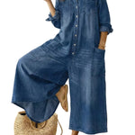 Womens Washed Dark Denim Pocket Button Down Jumpsuit