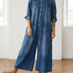 Womens Washed Dark Denim Pocket Button Down Jumpsuit