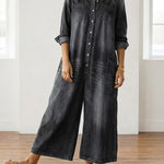 Womens Washed Dark Denim Pocket Button Down Jumpsuit