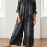 Womens Washed Dark Denim Pocket Button Down Jumpsuit