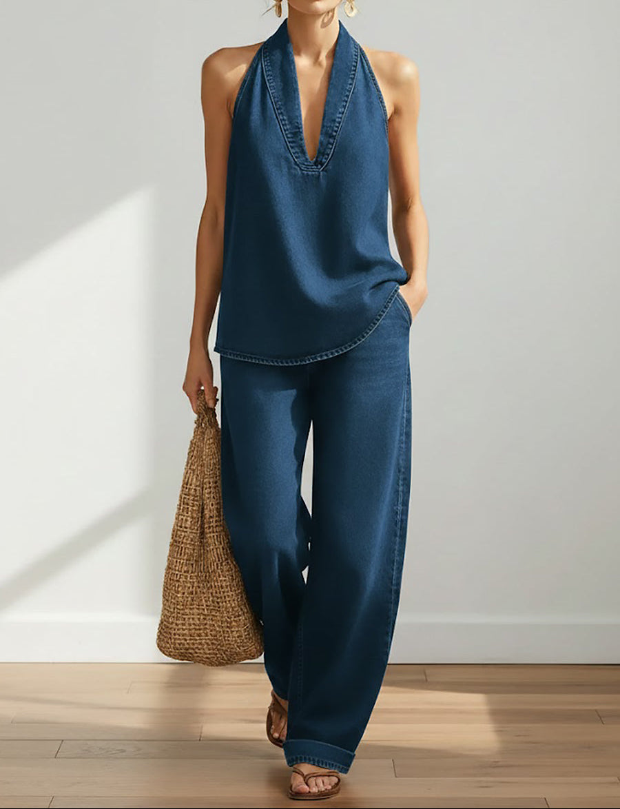 RELAXED HALTER DENIM LOUNGE SET
